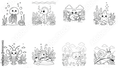 Cute smiling crab on the seabed coloring page