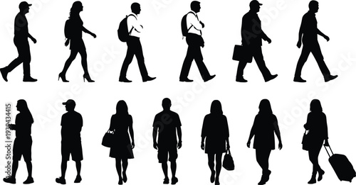 Vector illustration of stylized walking silhouettes symbolizing posture, identity, diversity, travel, culture, tradition, inclusivity, and education