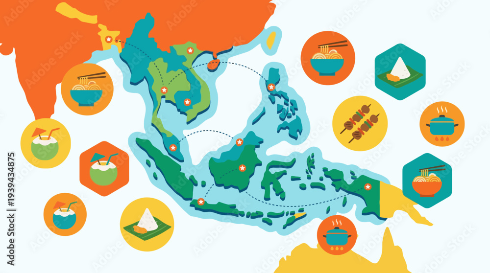 Fototapeta premium Southeast Asian Cuisine and Culinary Delights Map Illustration