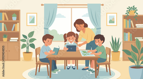 Illustration of a mother teaching her children at home using a tablet and books, fostering education