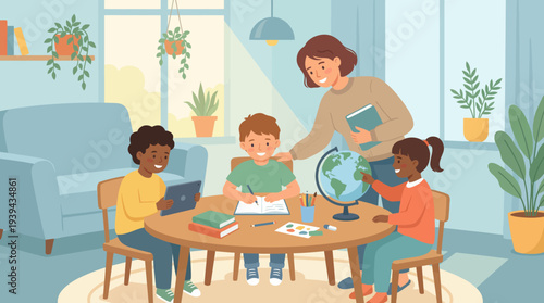 Happy teacher with diverse students learning together at a table with books and globe