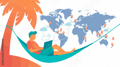 Digital nomad working remotely from a tropical beach hammock with global connectivity