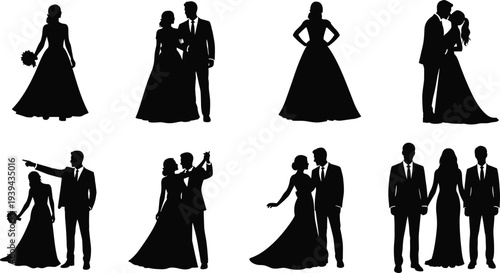 Wedding couple silhouettes in romantic poses, bride and groom dancing, kissing, holding hands, formal attire, celebration theme, vector illustration, artistic design, love concept, marriage artwork