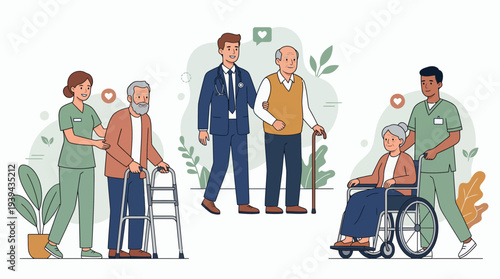 Geriatric nurses and doctors assisting elderly patients with mobility tools like walker and wheelchair, concept for nursing home care, professional rehabilitation and medical support