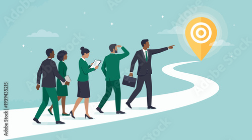 Professional business executives and office managers walking on a winding path toward a glowing target icon, concept for leadership guidance, corporate strategy and career development