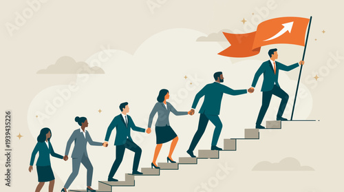 Diverse group of corporate managers holding hands while climbing stairs led by a visionary chief executive with flag, concept for career growth, team collaboration and business leadership