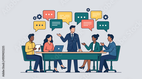 Diverse corporate executives and managers having a collaborative meeting around a table with speech bubbles, concept for project management, business communication and team brainstorming sessions