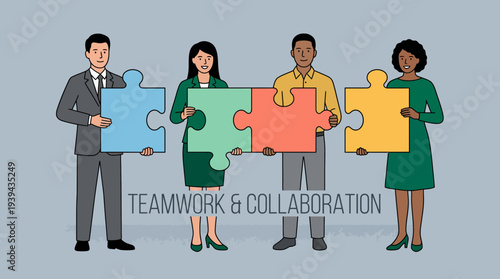 Corporate CEO, project manager and business executives holding large colorful jigsaw puzzle pieces, concept for corporate strategy, team building and business partnership