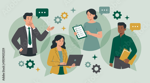 Diverse team of executive manager, project coordinator, software engineer and office assistant working together with gears, concept for team collaboration, corporate workflow and business efficiency