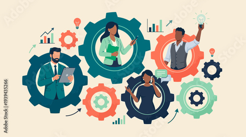 Diverse business executives, project managers and marketing analysts working inside giant rotating gears, concept for corporate synergy, team efficiency and business workflow