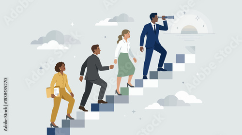 Diverse professional executives and managers climbing career stairs while the CEO looks through a telescope toward future goals, concept for business growth, leadership vision and career progression