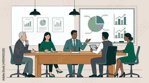 Diverse business team in a meeting discussing financial charts on a whiteboard, concept for corporate strategy session, project planning review and sales growth analysis