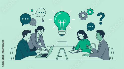 Creative marketing managers and data analysts collaborating at conference table with glowing lightbulb, concept for team brainstorming, business innovation and strategic planning session