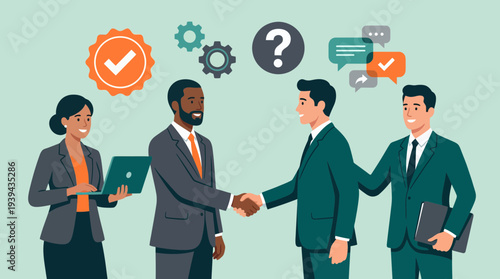 Corporate executives shaking hands with team managers while female assistant using laptop and male partner holding briefcase, concept for business partnership, deal closing and recruiting