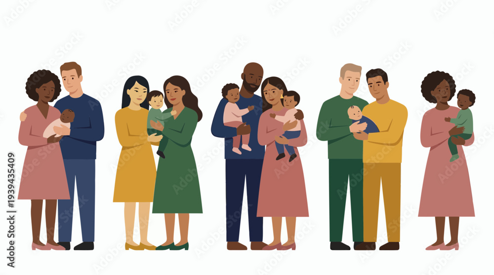 Fototapeta premium Collection of diverse professional managers and same-sex executive directors holding their babies on white background, concept for corporate benefits, employee inclusion and social diversity