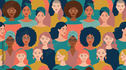 Diverse group of women marketing managers and creative directors in seamless pattern vector illustration, concept for international corporate team, female empowerment and workplace diversity