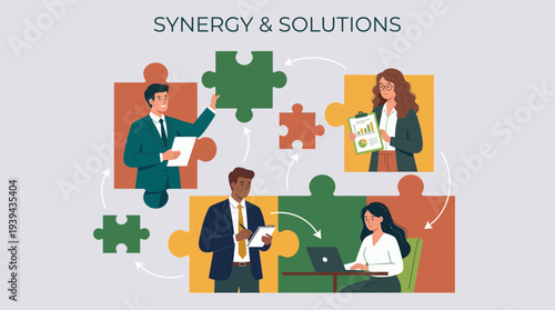 Corporate project managers and executive analysts collaborating on colorful jigsaw puzzle pieces, concept for team synergy workshop, workflow optimization and strategic solution planning