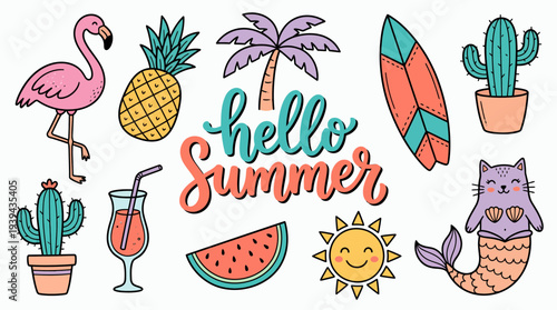 Colorful hand drawn summer doodles with flamingo pineapple surfboard cactus cocktail sun and mermaid cat elements, concept for seasonal greeting card, tropical party decor and sticker design
