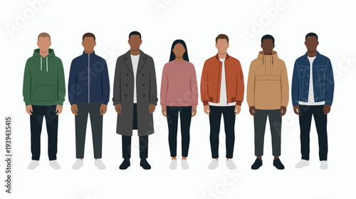 Diverse row of creative designers and project managers standing together in trendy autumn casual wear outfits, concept for startup recruitment, team collaboration and company diversity