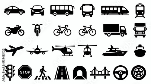Collection of black transportation and public infrastructure silhouette icons on white background, concept for urban logistics planning, mobile app navigation interface and travel infographics