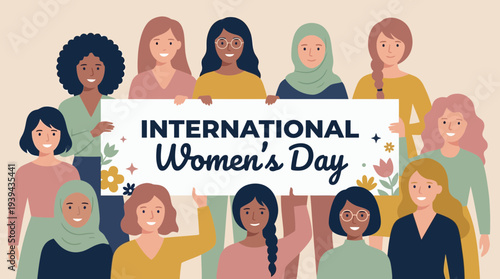 Group of diverse professional female leaders holding International Women's Day banner, concept for corporate equality awareness, social media marketing and workplace diversity