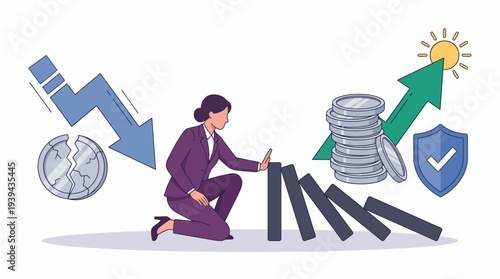 Female financial manager stopping falling dominoes to protect stacks of money from crisis and market crash, concept for risk management, economic recovery and investment protection