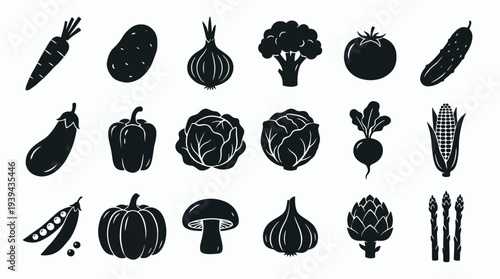Collection of black silhouette vegetable icons including carrot potato broccoli and corn on white background, concept for healthy lifestyle branding, restaurant menu design and organic marketing