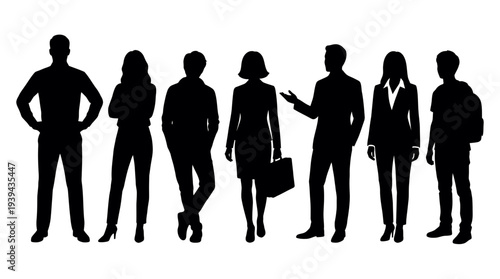 Silhouettes of diverse manager, consultant and executive team standing together on white background, concept for corporate recruitment, professional teamwork and workforce development