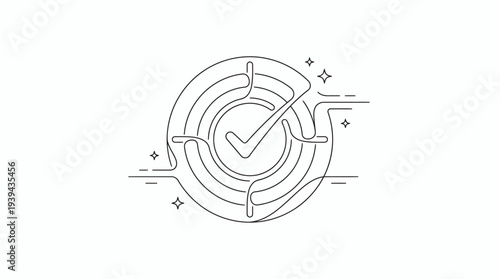 Minimalist line art illustration of a circular target with checkmark symbol and geometric path lines on white background, concept for business success, quality assurance and milestones