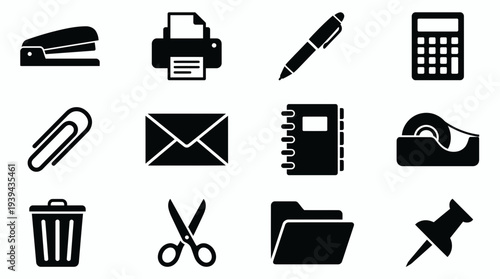 Minimalist set of black office supplies and stationery icons on white background, concept for corporate office management, professional workplace organization and business documentation