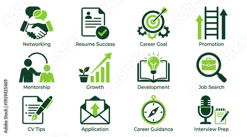 Green career icons for recruitment manager with networking resume mentorship and growth symbols on white background, concept for human resources, career coaching and employment agency website
