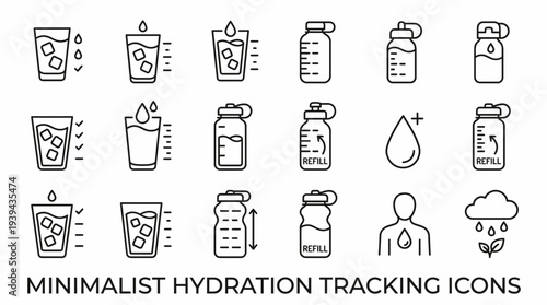 Black line icons of water glasses and reusable bottles with measurement scales for daily hydration tracking, concept for mobile app interface design, wellness tracker and health infographic