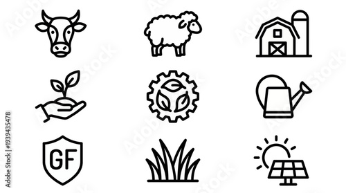 Set of agriculture and eco friendly thin line icons featuring livestock, farm buildings, sprout growth and gluten free shield, concept for organic farming, sustainable agriculture and business