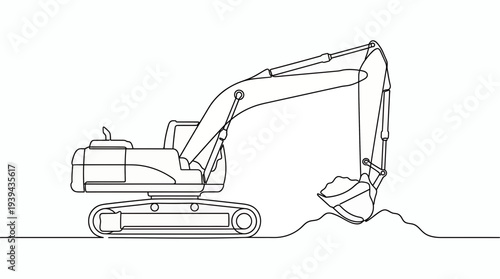 Continuous line drawing of a heavy duty excavator machine digging soil on a white background, concept for construction site management, industrial development and heavy equipment logistics