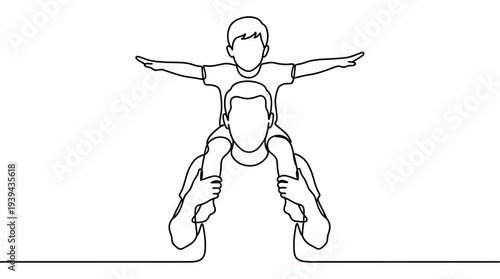 One line art of a senior manager father carrying his young son on shoulders in minimalist style, concept for work life balance, corporate parenting and successful leadership support