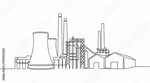 Continuous line art of industrial power plant with cooling towers and smokestacks on white background, concept for energy production, sustainable engineering and manufacturing development