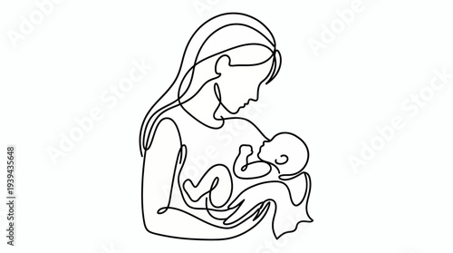 One line drawing of a mother gently cradling her newborn baby in her arms on white background, concept for maternity branding, parenting blog and nursery wall art