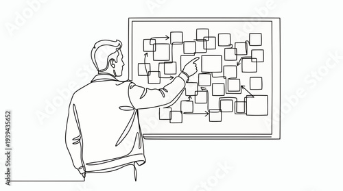 Continuous line drawing of a creative project manager pointing at a flow chart with sticky notes on a board, concept for strategic planning, workflow optimization and data analysis