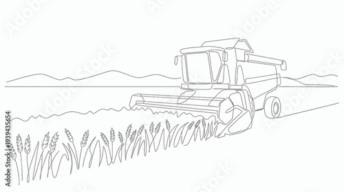Minimalist one line drawing of combine harvester tractor in wheat field with mountain background, concept for agricultural industry, sustainable farming and organic grain production