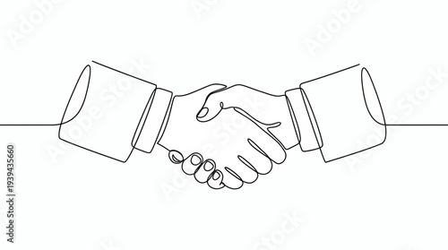 Continuous one line drawing of executive managers hands shaking for professional agreement, concept for business partnership, corporate collaboration and successful deal presentation