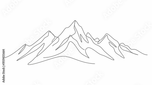 Minimalist continuous line drawing of majestic mountain range peaks isolated on white background, concept for outdoor adventure logo, nature conservation branding and graphic print design