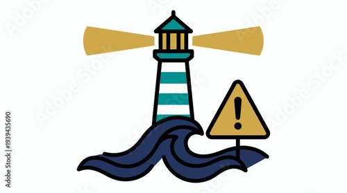 lighthouse with glowing beams above ocean waves next to a warning alert symbol on white background, concept for marine safety navigation, coastal hazard warning and maritime risk management
