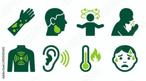 Set of medical sickness icons showing symptoms like fever, coughing, rash and earache in green flat style, concept for healthcare education, clinical guides and pharmacy app design