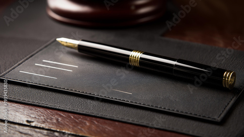 Blank personal check with fountain pen resting on a dark leather desk blotter overhead close up