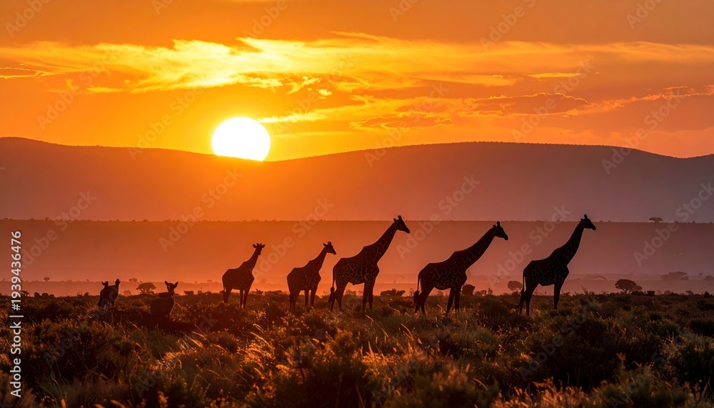 Fototapeta premium Giraffes silhouetted against a vibrant African sunset, creating a stunning wildlife scene.