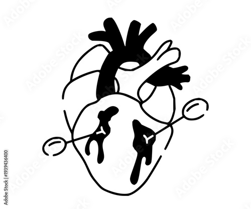 Sad, weeping heart pierced by two thin arrows, representing heartbreak and emotional pain