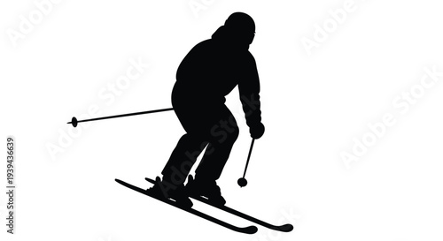 A skier in motion dynamically descending a snowy slope silhouette
