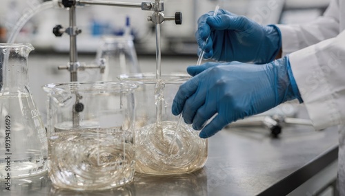 Close view of researchers blending highviscosity polymer mixtures in glass vessels demonstrating precise manual techniques in solution polymerization lab work.