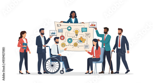 Diverse team collaborating on business strategy with flowchart