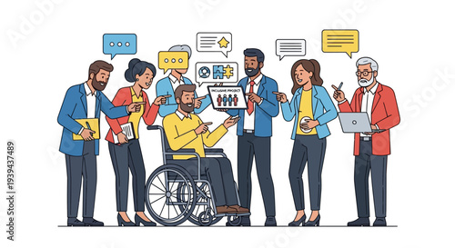 Diverse team collaborating on inclusive project with wheelchair accessibility